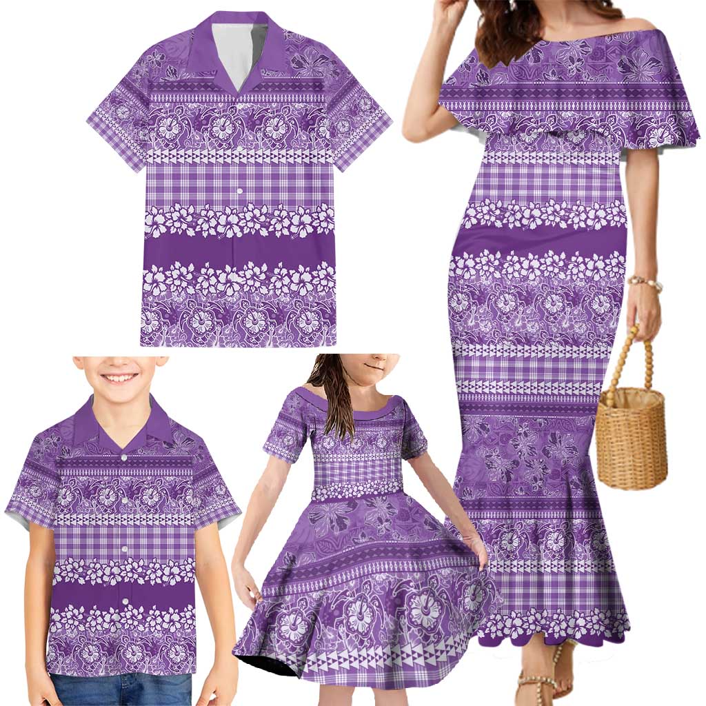 Hawaiian Hibiscus Honu Family Matching Mermaid Dress and Hawaiian Shirt Purple Mele Kalikimaka Palaka Spirit - Polynesian Pride