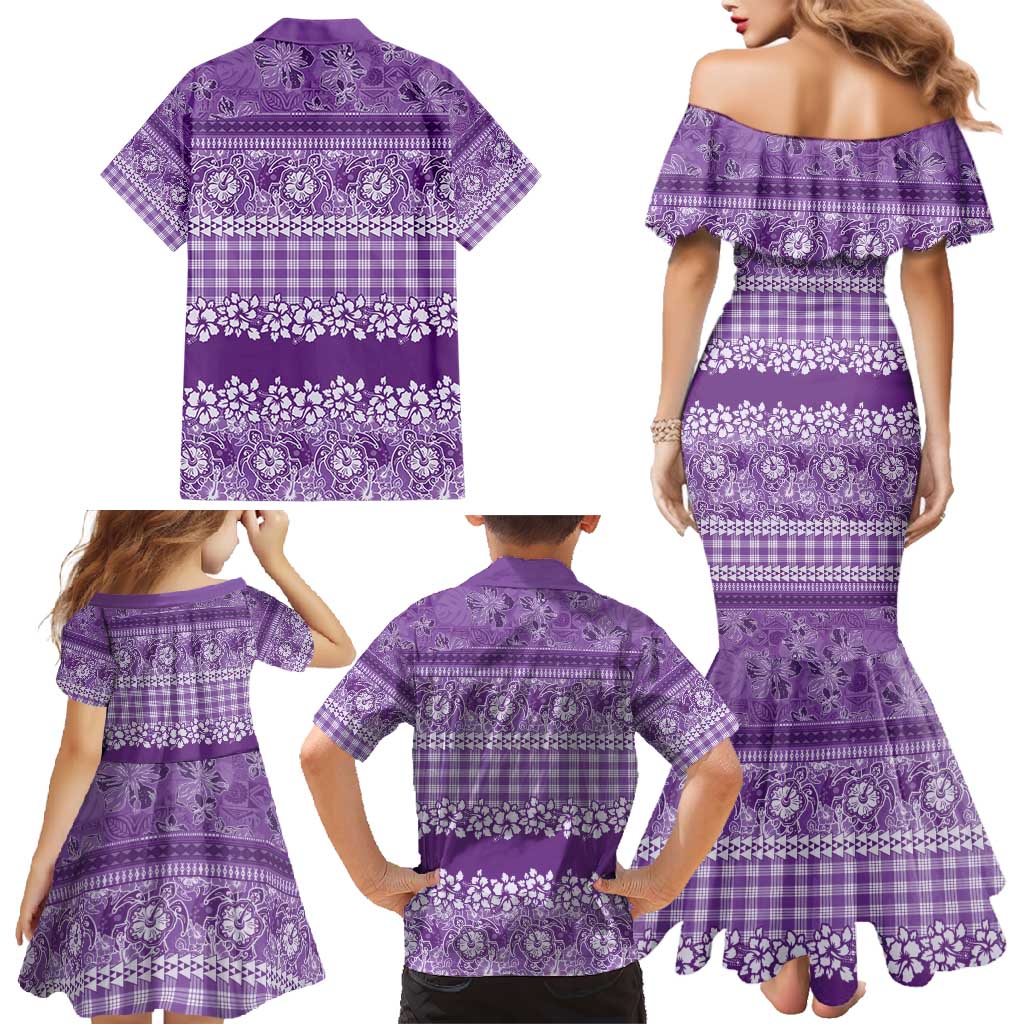 Hawaiian Hibiscus Honu Family Matching Mermaid Dress and Hawaiian Shirt Purple Mele Kalikimaka Palaka Spirit - Polynesian Pride