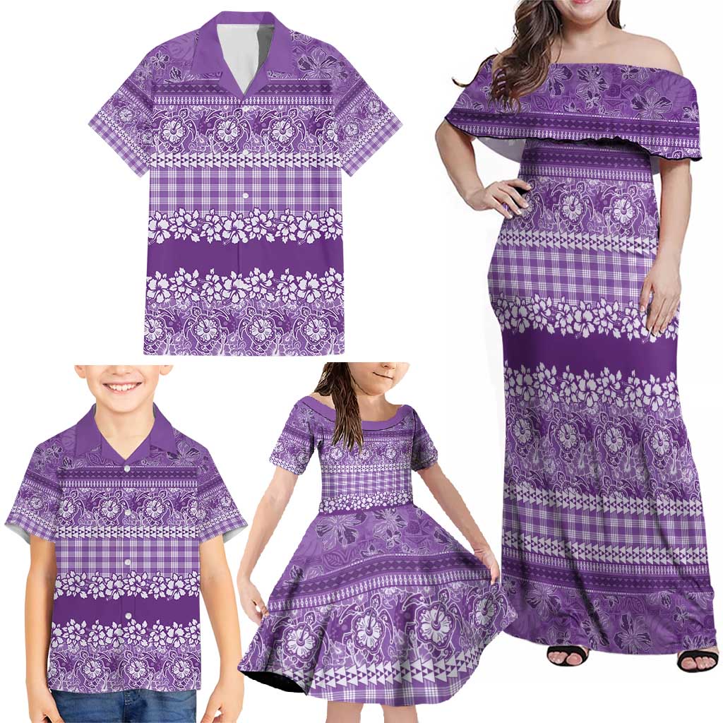 Hawaiian Hibiscus Honu Family Matching Off Shoulder Maxi Dress and Hawaiian Shirt Purple Mele Kalikimaka Palaka Spirit - Polynesian Pride