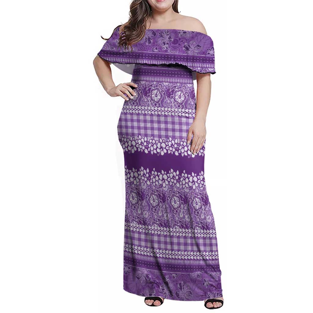 Hawaiian Hibiscus Honu Family Matching Off Shoulder Maxi Dress and Hawaiian Shirt Purple Mele Kalikimaka Palaka Spirit - Polynesian Pride