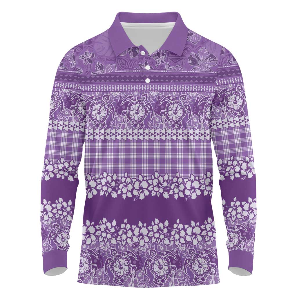 Hawaiian Hibiscus Honu Long Sleeve Polo Shirt Purple Mele Kalikimaka Palaka Spirit - Polynesian Pride