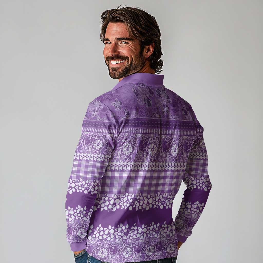 Hawaiian Hibiscus Honu Long Sleeve Polo Shirt Purple Mele Kalikimaka Palaka Spirit - Polynesian Pride