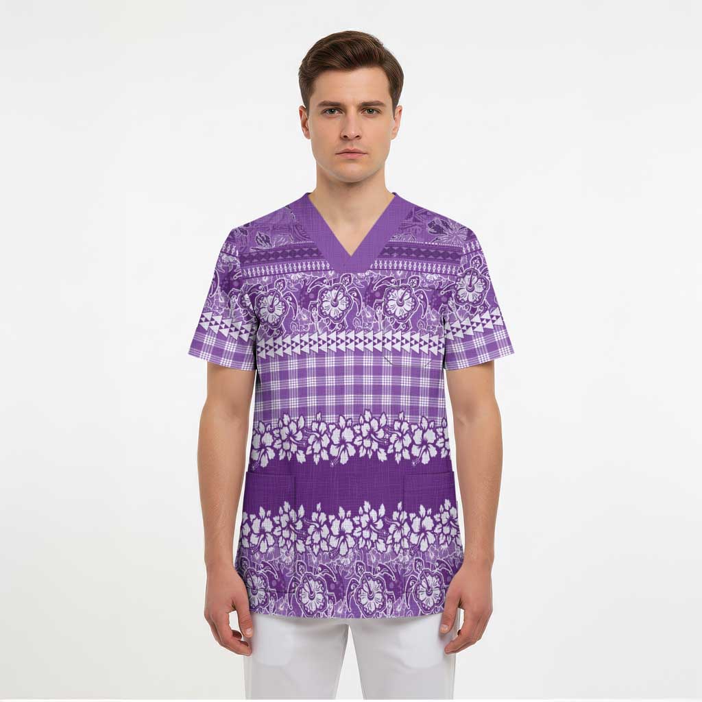 Hawaiian Hibiscus Honu Scrub Top Purple Mele Kalikimaka Palaka Spirit - Polynesian Pride