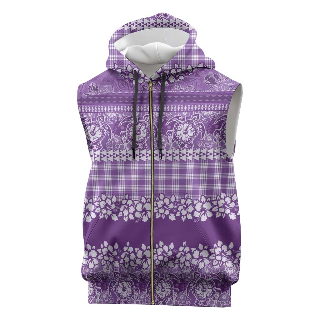 Hawaiian Hibiscus Honu Sleeveless Zip Hoodie Purple Mele Kalikimaka Palaka Spirit - Polynesian Pride