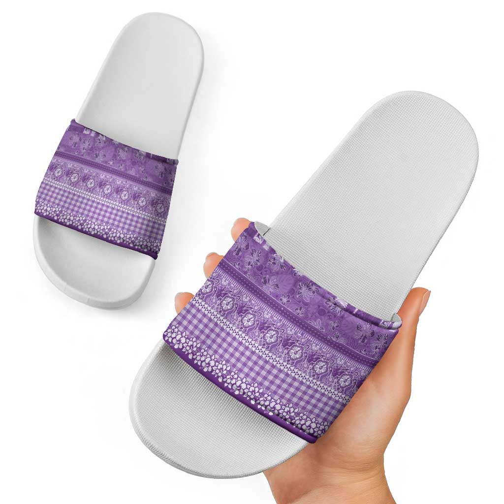 Hawaiian Hibiscus Honu Slide Sandals Purple Mele Kalikimaka Palaka Spirit - Polynesian Pride