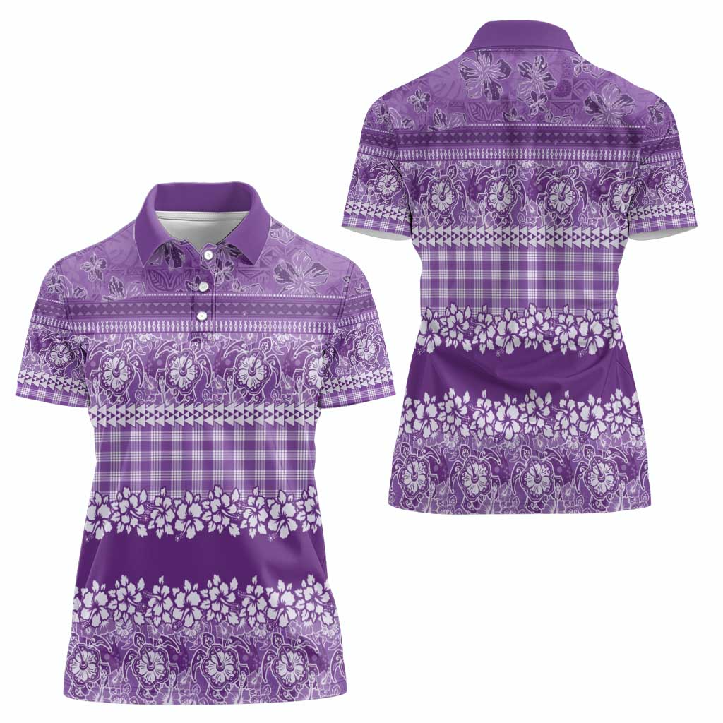 Hawaiian Hibiscus Honu Women Polo Shirt Purple Mele Kalikimaka Palaka Spirit - Polynesian Pride