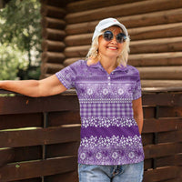 Hawaiian Hibiscus Honu Women Polo Shirt Purple Mele Kalikimaka Palaka Spirit - Polynesian Pride