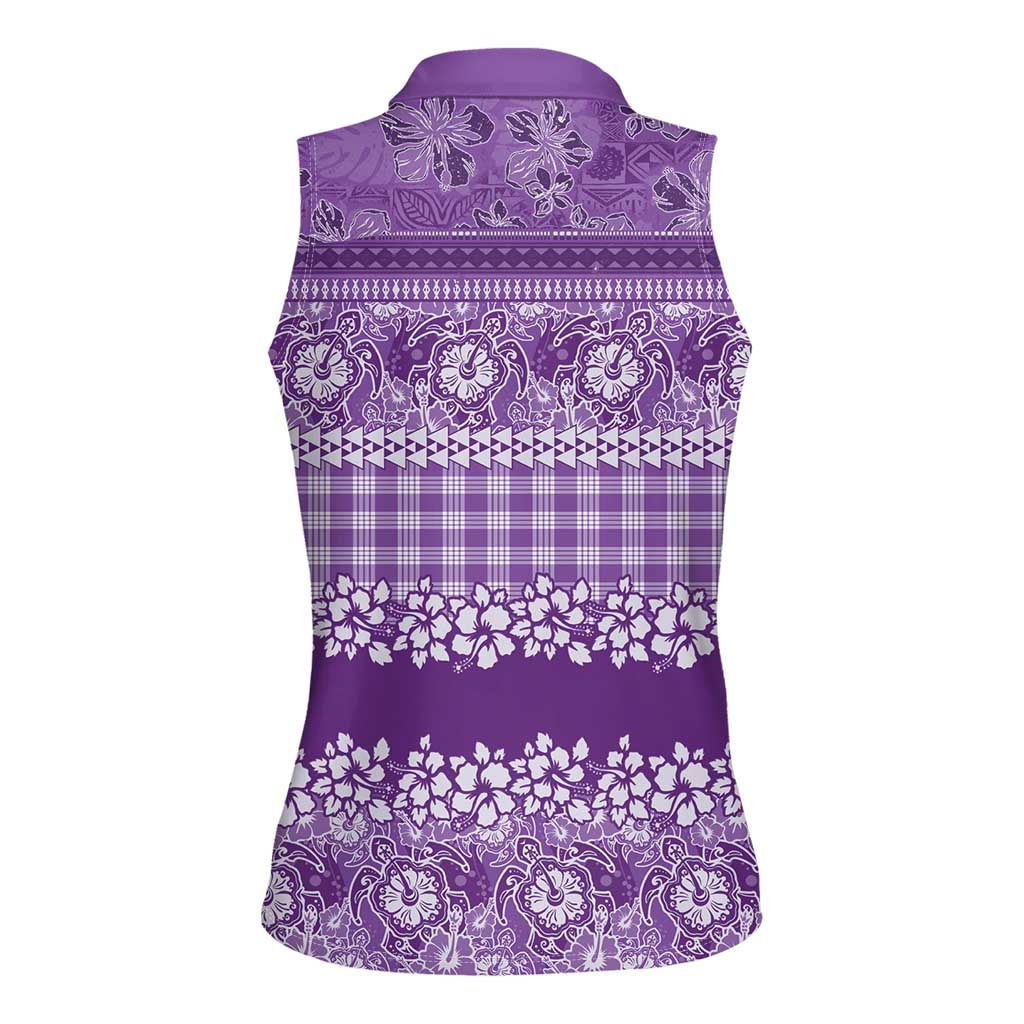 Hawaiian Hibiscus Honu Women Sleeveless Polo Shirt Purple Mele Kalikimaka Palaka Spirit - Polynesian Pride
