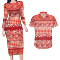 Hawaiian Hibiscus Honu Couples Matching Long Sleeve Bodycon Dress and Hawaiian Shirt Red Mele Kalikimaka Palaka Spirit - Polynesian Pride