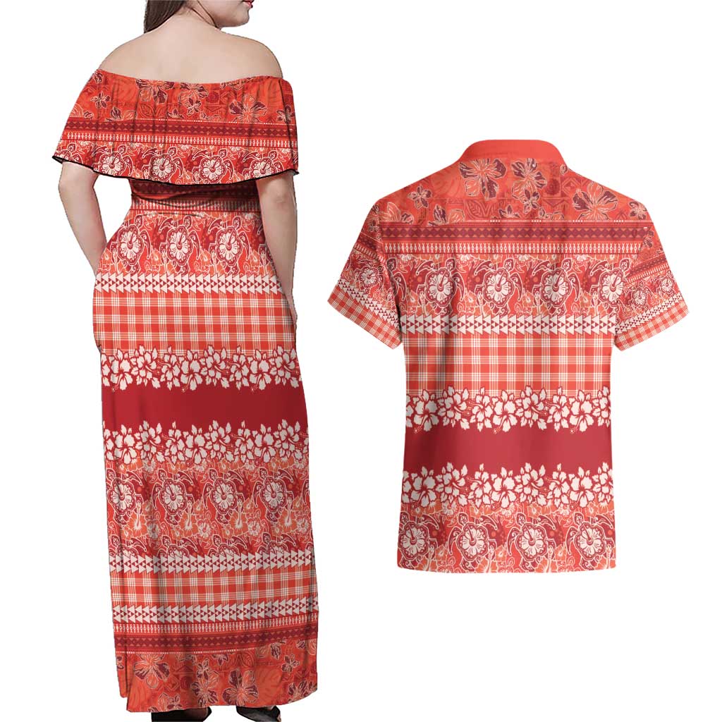 Hawaiian Hibiscus Honu Couples Matching Off Shoulder Maxi Dress and Hawaiian Shirt Red Mele Kalikimaka Palaka Spirit - Polynesian Pride