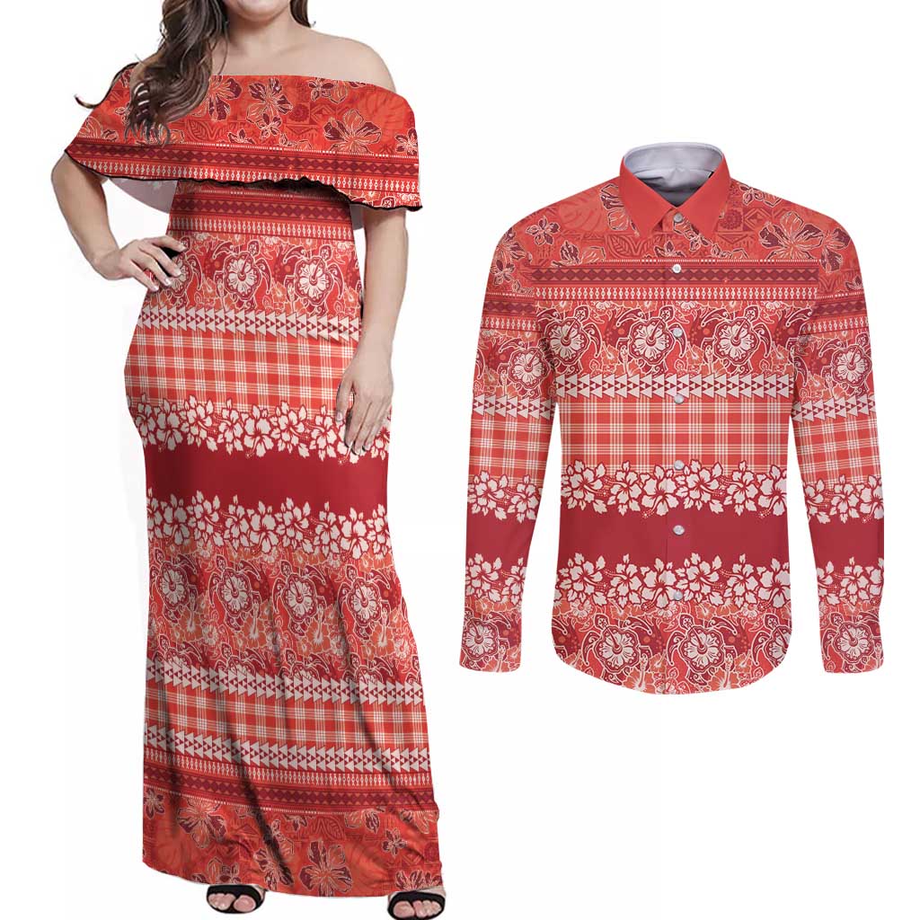 Hawaiian Hibiscus Honu Couples Matching Off Shoulder Maxi Dress and Long Sleeve Button Shirt Red Mele Kalikimaka Palaka Spirit - Polynesian Pride