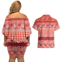 Hawaiian Hibiscus Honu Couples Matching Off Shoulder Short Dress and Hawaiian Shirt Red Mele Kalikimaka Palaka Spirit - Polynesian Pride