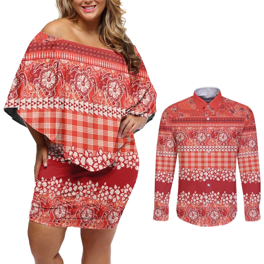 Hawaiian Hibiscus Honu Couples Matching Off Shoulder Short Dress and Long Sleeve Button Shirt Red Mele Kalikimaka Palaka Spirit - Polynesian Pride