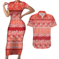 Hawaiian Hibiscus Honu Couples Matching Short Sleeve Bodycon Dress and Hawaiian Shirt Red Mele Kalikimaka Palaka Spirit - Polynesian Pride