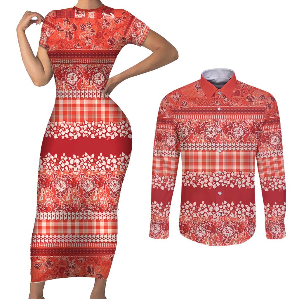 Hawaiian Hibiscus Honu Couples Matching Short Sleeve Bodycon Dress and Long Sleeve Button Shirt Red Mele Kalikimaka Palaka Spirit - Polynesian Pride