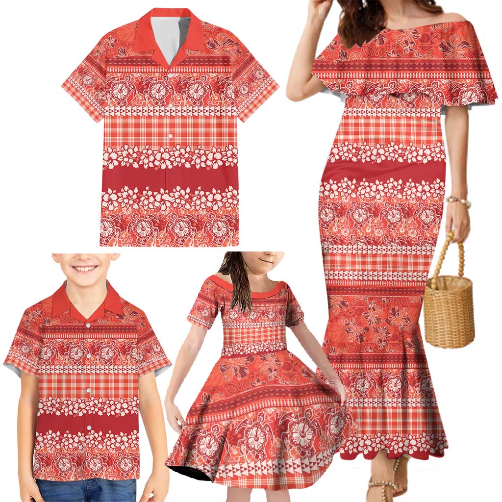 Hawaiian Hibiscus Honu Family Matching Mermaid Dress and Hawaiian Shirt Red Mele Kalikimaka Palaka Spirit - Polynesian Pride
