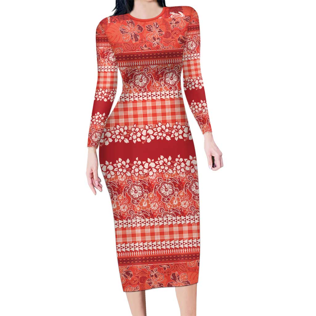Hawaiian Hibiscus Honu Long Sleeve Bodycon Dress Red Mele Kalikimaka Palaka Spirit - Polynesian Pride