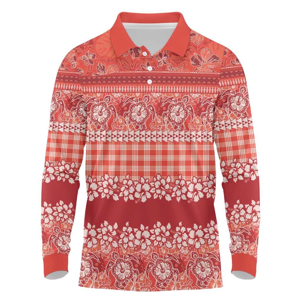 Hawaiian Hibiscus Honu Long Sleeve Polo Shirt Red Mele Kalikimaka Palaka Spirit - Polynesian Pride