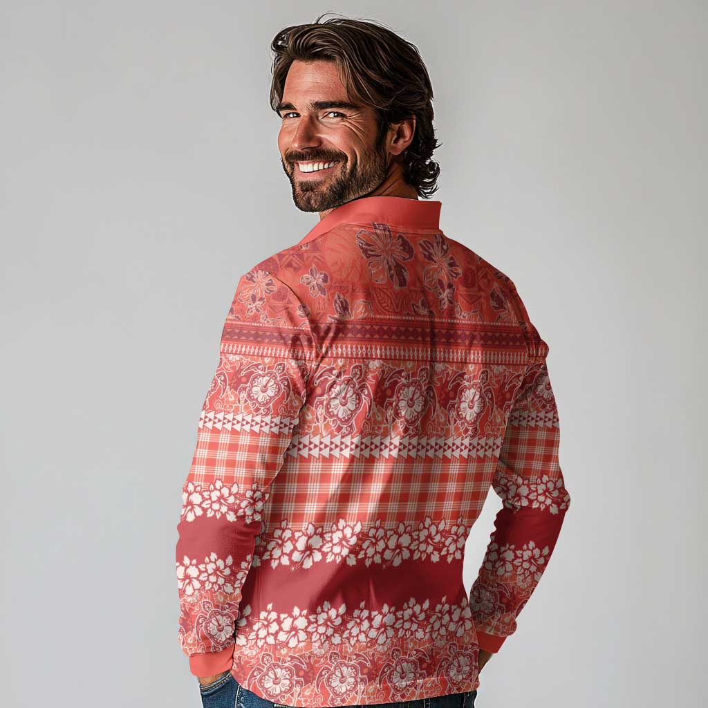 Hawaiian Hibiscus Honu Long Sleeve Polo Shirt Red Mele Kalikimaka Palaka Spirit - Polynesian Pride