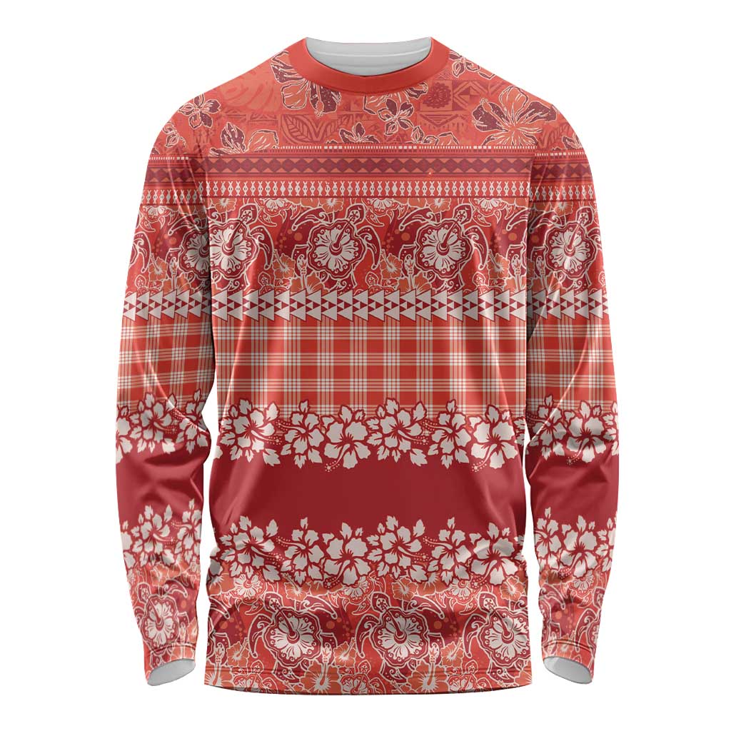 Hawaiian Hibiscus Honu Long Sleeve Shirt Red Mele Kalikimaka Palaka Spirit - Polynesian Pride