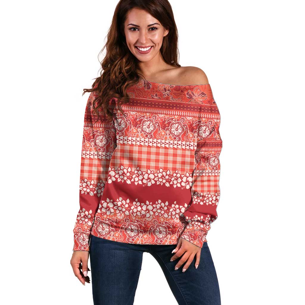 Hawaiian Hibiscus Honu Off Shoulder Sweater Red Mele Kalikimaka Palaka Spirit - Polynesian Pride