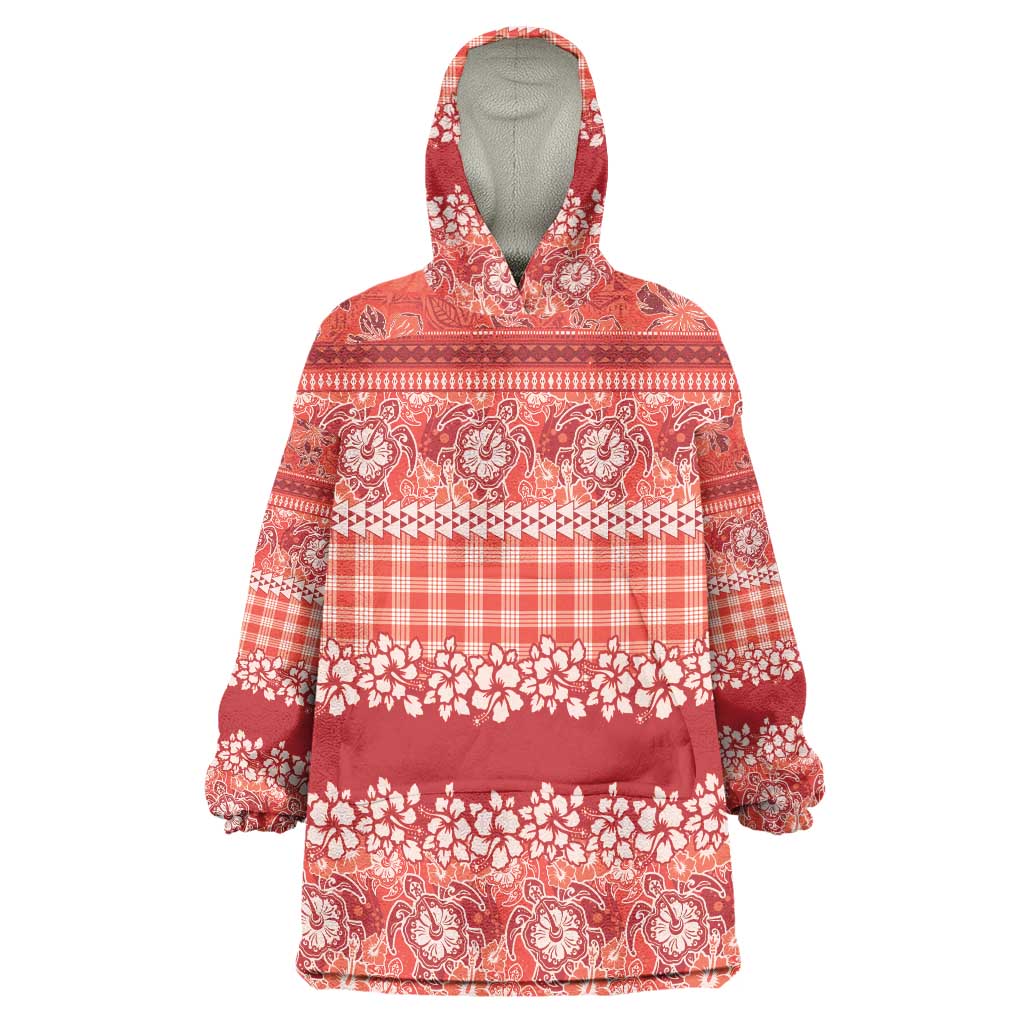 Hawaiian Hibiscus Honu Wearable Blanket Hoodie Red Mele Kalikimaka Palaka Spirit - Polynesian Pride