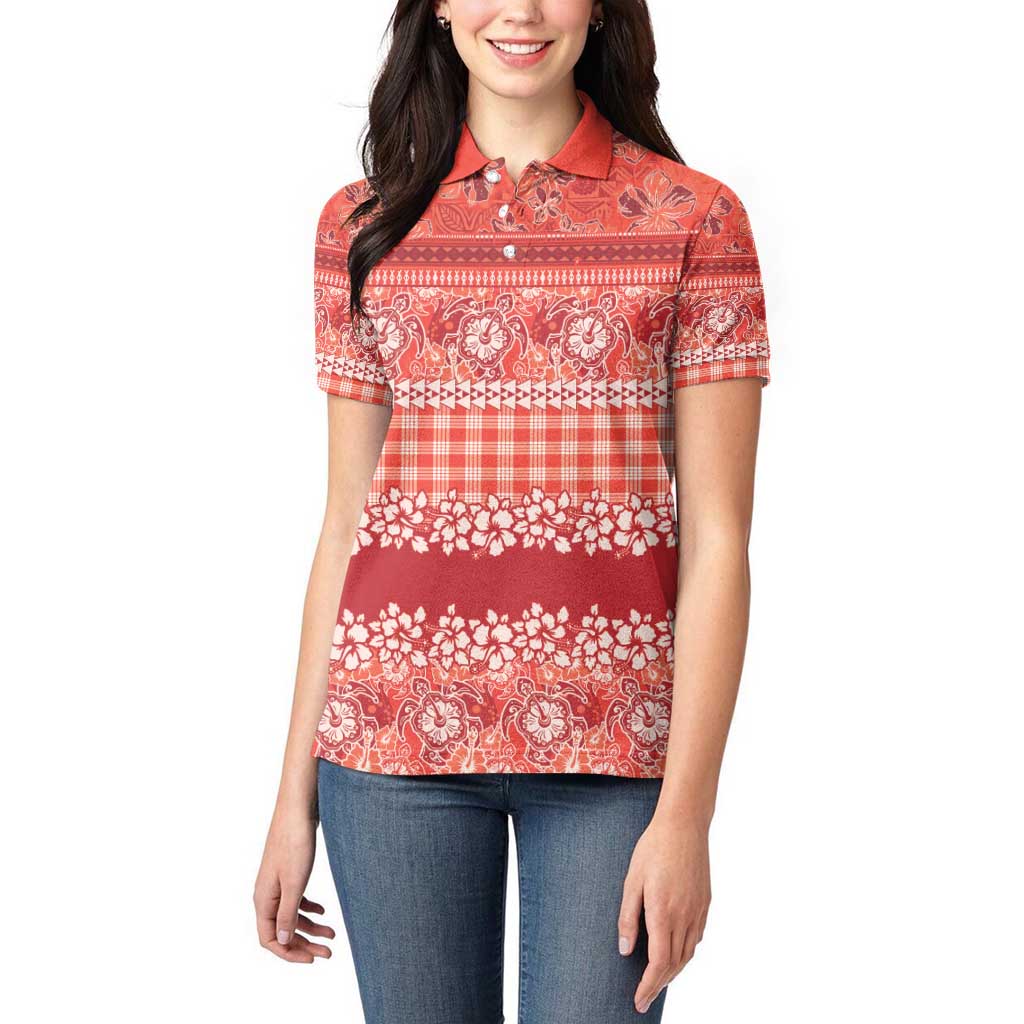 Hawaiian Hibiscus Honu Women Polo Shirt Red Mele Kalikimaka Palaka Spirit - Polynesian Pride