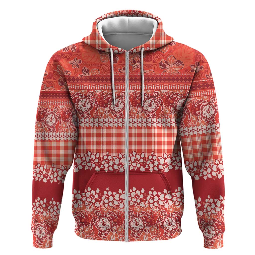Hawaiian Hibiscus Honu Zip Hoodie Red Mele Kalikimaka Palaka Spirit - Polynesian Pride