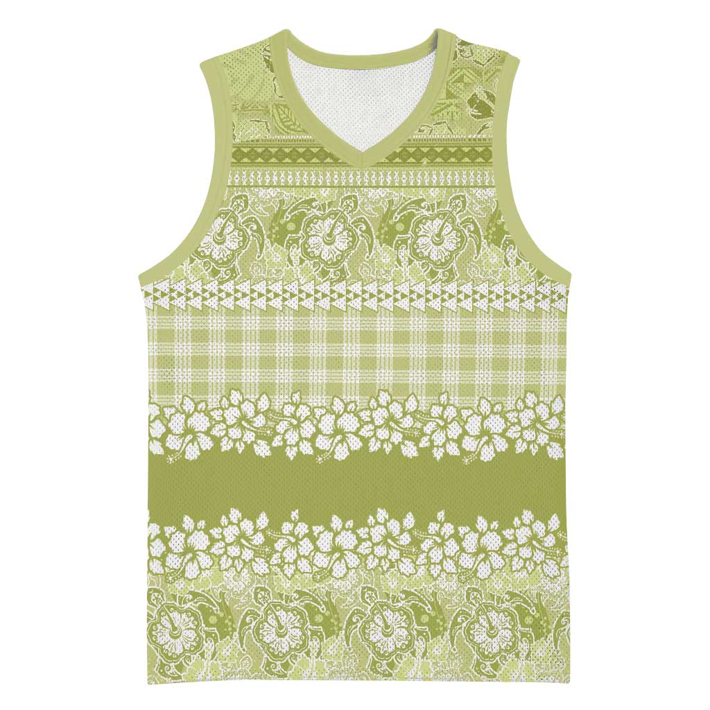 Hawaiian Hibiscus Honu Basketball Jersey Sage Green Mele Kalikimaka Palaka Spirit - Polynesian Pride