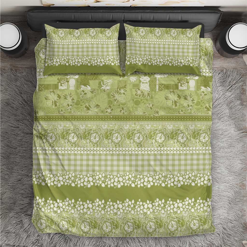 Hawaiian Hibiscus Honu Bedding Set Sage Green Mele Kalikimaka Palaka Spirit - Polynesian Pride