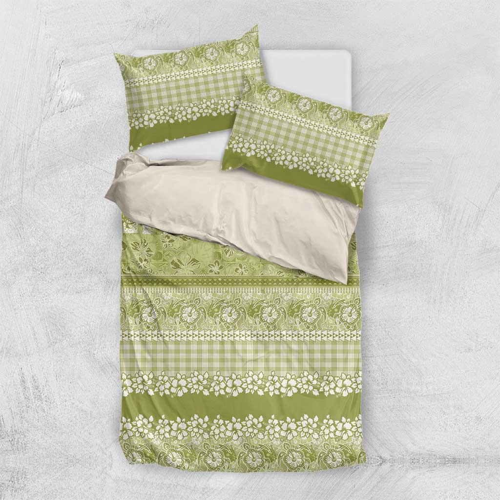 Hawaiian Hibiscus Honu Bedding Set Sage Green Mele Kalikimaka Palaka Spirit - Polynesian Pride