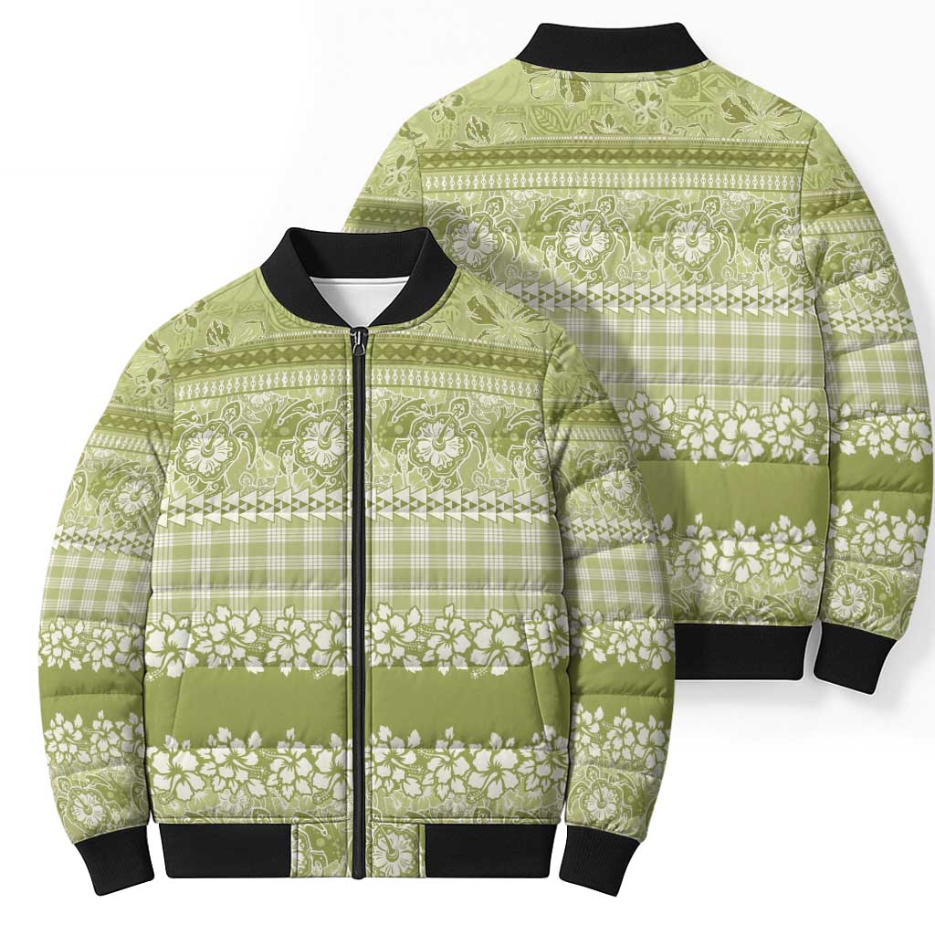 Hawaiian Hibiscus Honu Bomber Puffer Jacket Sage Green Mele Kalikimaka Palaka Spirit - Polynesian Pride