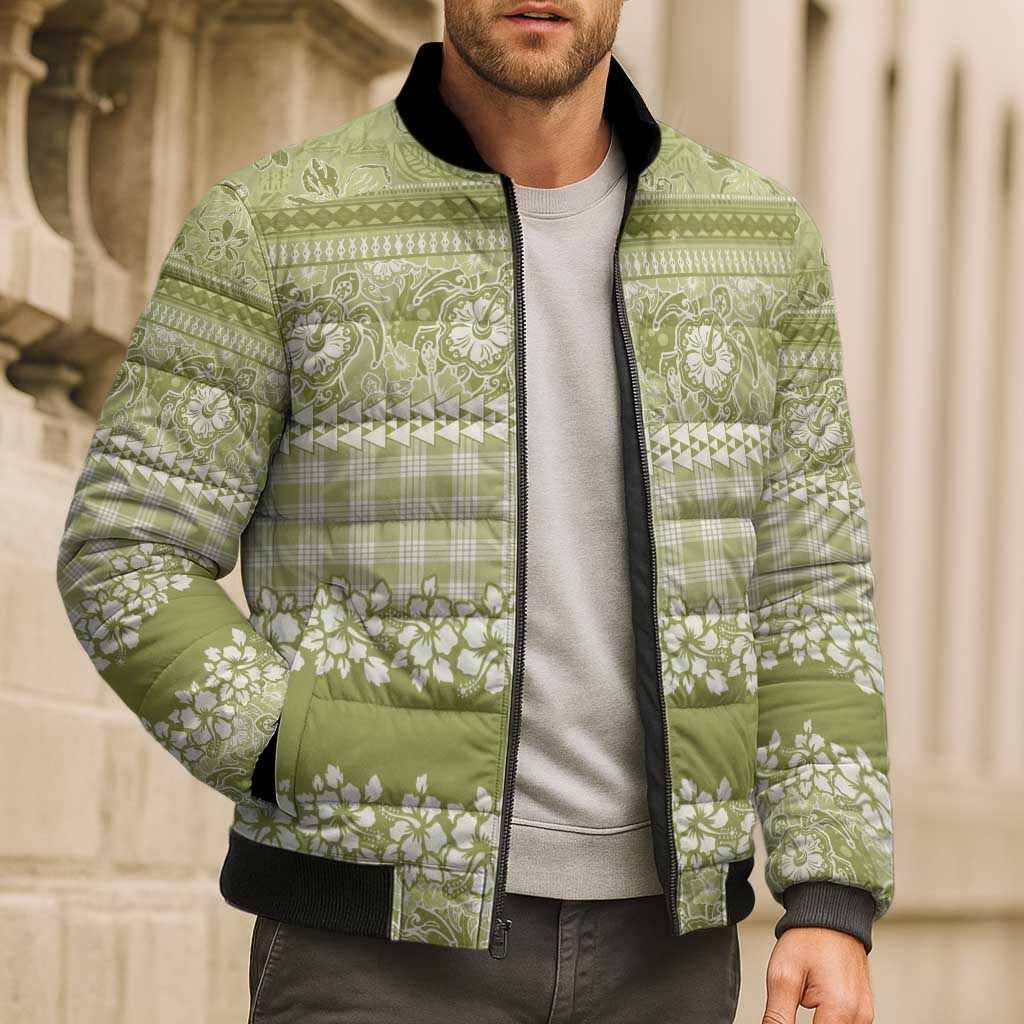 Hawaiian Hibiscus Honu Bomber Puffer Jacket Sage Green Mele Kalikimaka Palaka Spirit - Polynesian Pride