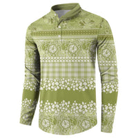 Hawaiian Hibiscus Honu Button Sweatshirt Sage Green Mele Kalikimaka Palaka Spirit - Polynesian Pride