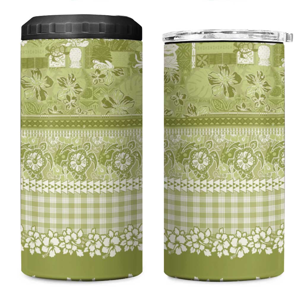 Hawaiian Hibiscus Honu 4 in 1 Can Cooler Tumbler Sage Green Mele Kalikimaka Palaka Spirit - Polynesian Pride