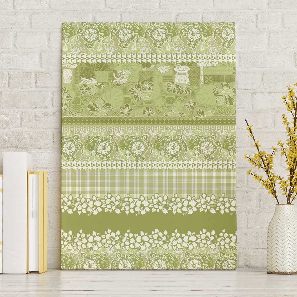 Hawaiian Hibiscus Honu Canvas Wall Art Sage Green Mele Kalikimaka Palaka Spirit - Polynesian Pride