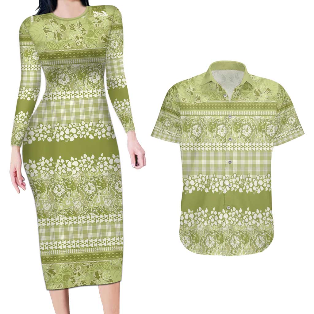 Hawaiian Hibiscus Honu Couples Matching Long Sleeve Bodycon Dress and Hawaiian Shirt Sage Green Mele Kalikimaka Palaka Spirit - Polynesian Pride