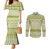 Hawaiian Hibiscus Honu Couples Matching Mermaid Dress and Long Sleeve Button Shirt Sage Green Mele Kalikimaka Palaka Spirit - Polynesian Pride