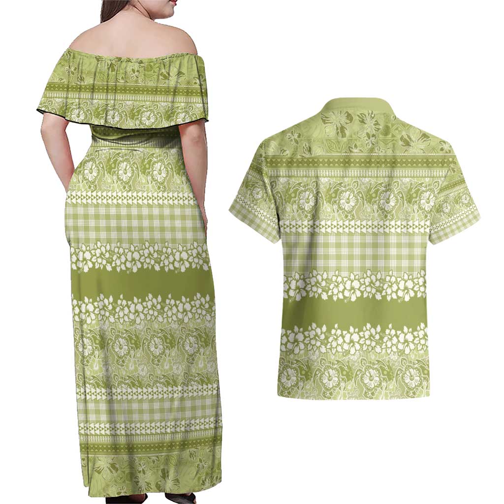 Hawaiian Hibiscus Honu Couples Matching Off Shoulder Maxi Dress and Hawaiian Shirt Sage Green Mele Kalikimaka Palaka Spirit - Polynesian Pride