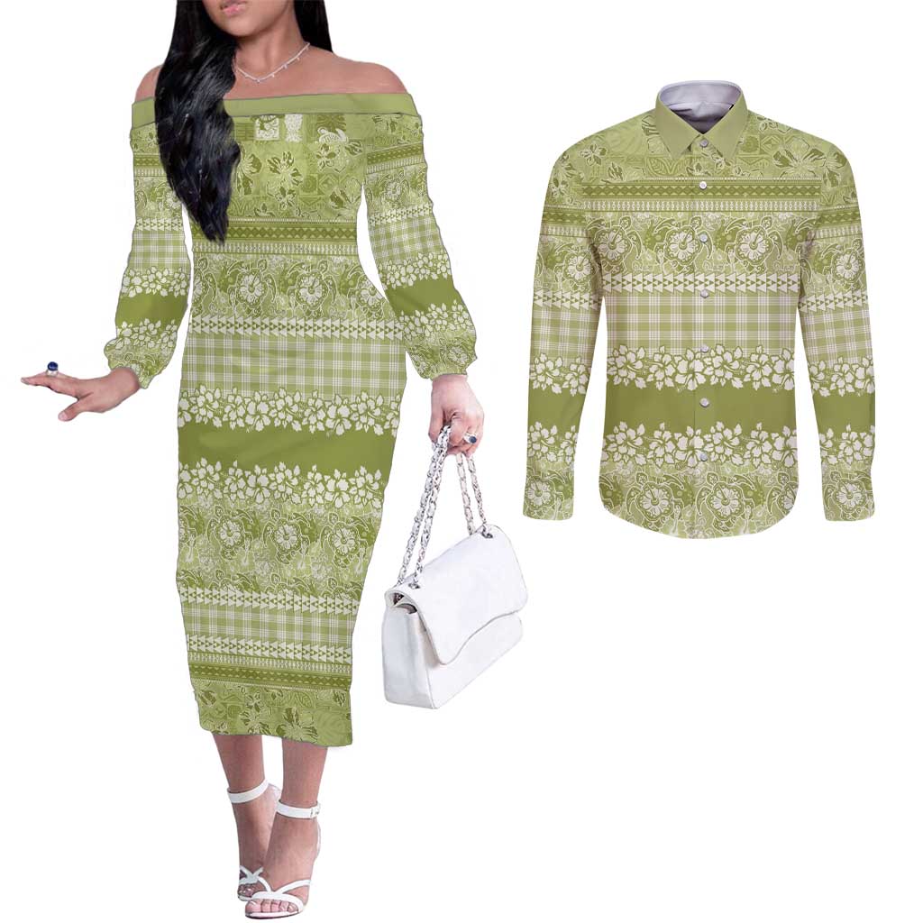 Hawaiian Hibiscus Honu Couples Matching Off The Shoulder Long Sleeve Dress and Long Sleeve Button Shirt Sage Green Mele Kalikimaka Palaka Spirit - Polynesian Pride