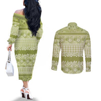 Hawaiian Hibiscus Honu Couples Matching Off The Shoulder Long Sleeve Dress and Long Sleeve Button Shirt Sage Green Mele Kalikimaka Palaka Spirit - Polynesian Pride