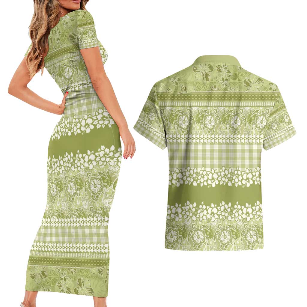 Hawaiian Hibiscus Honu Couples Matching Short Sleeve Bodycon Dress and Hawaiian Shirt Sage Green Mele Kalikimaka Palaka Spirit - Polynesian Pride