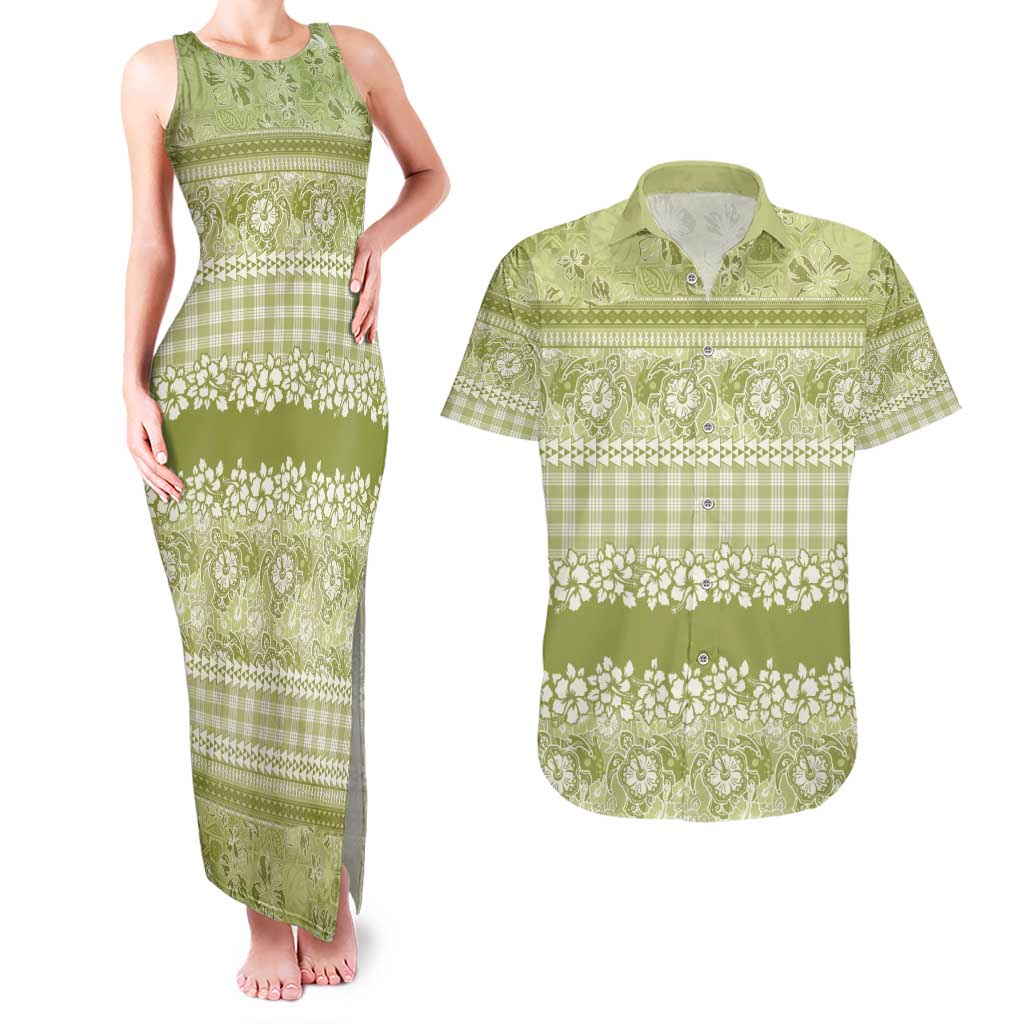 Hawaiian Hibiscus Honu Couples Matching Tank Maxi Dress and Hawaiian Shirt Sage Green Mele Kalikimaka Palaka Spirit - Polynesian Pride