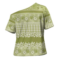 Hawaiian Hibiscus Honu Cross Shoulder Shirt Sage Green Mele Kalikimaka Palaka Spirit - Polynesian Pride