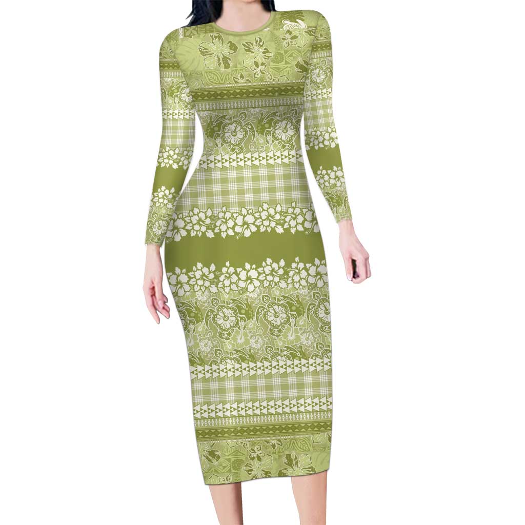 Hawaiian Hibiscus Honu Family Matching Long Sleeve Bodycon Dress and Hawaiian Shirt Sage Green Mele Kalikimaka Palaka Spirit - Polynesian Pride