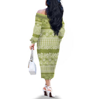 Hawaiian Hibiscus Honu Family Matching Off The Shoulder Long Sleeve Dress and Hawaiian Shirt Sage Green Mele Kalikimaka Palaka Spirit - Polynesian Pride