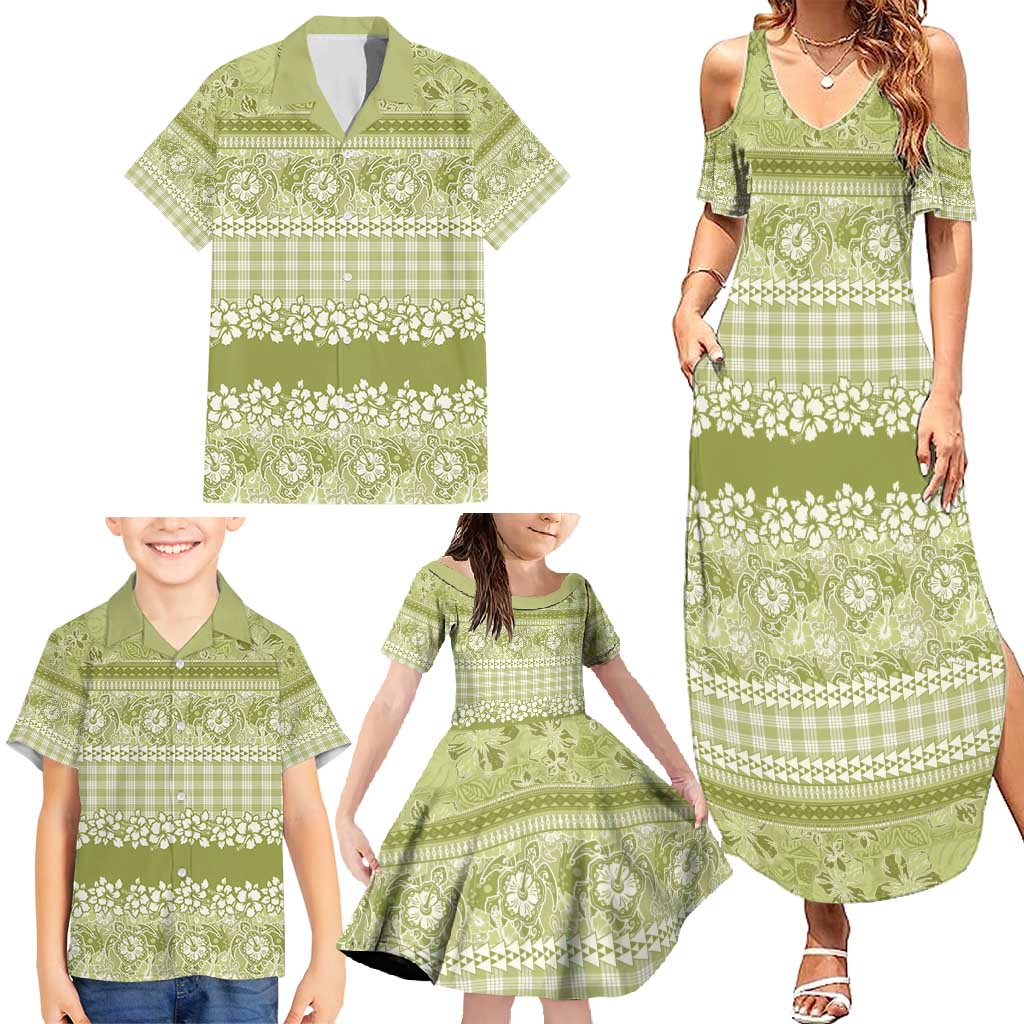 Hawaiian Hibiscus Honu Family Matching Summer Maxi Dress and Hawaiian Shirt Sage Green Mele Kalikimaka Palaka Spirit - Polynesian Pride
