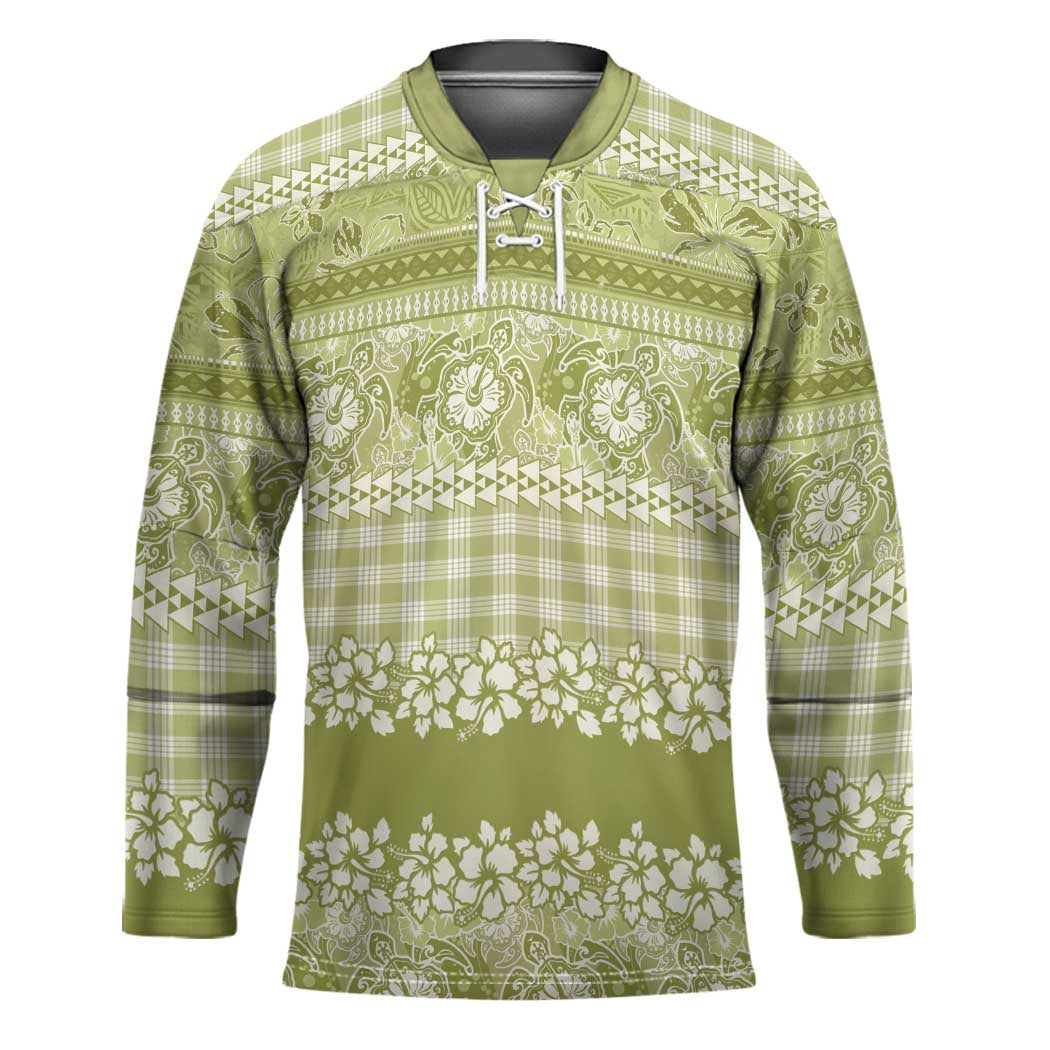 Hawaiian Hibiscus Honu Hockey Jersey Sage Green Mele Kalikimaka Palaka Spirit - Polynesian Pride