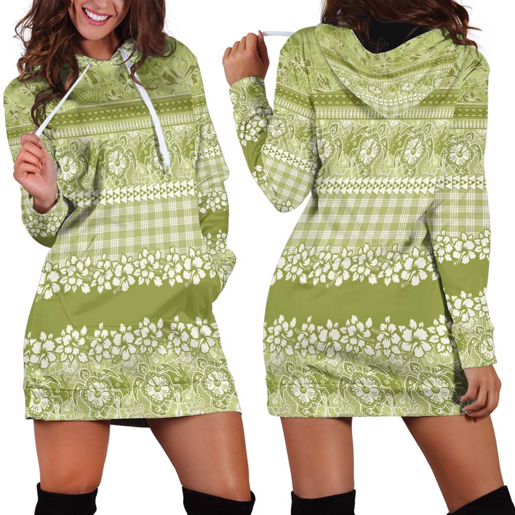 Hawaiian Hibiscus Honu Hoodie Dress Sage Green Mele Kalikimaka Palaka Spirit - Polynesian Pride