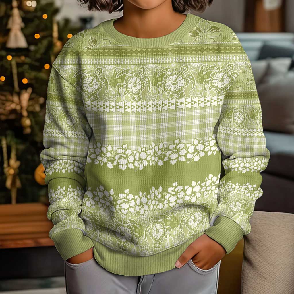 Hawaiian Hibiscus Honu Kid Ugly Christmas Sweater Sage Green Mele Kalikimaka Palaka Spirit - Polynesian Pride